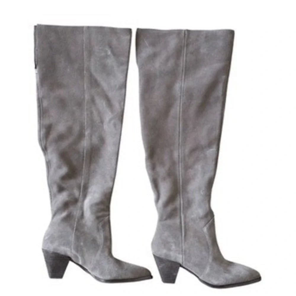 Vince Camuto Grey Suede Over The Knee Boots Pointed Toe Block Heel 6.5 Wide Calf